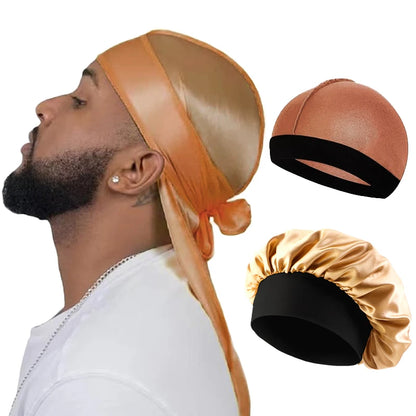 3PCS/LOT Men Silky Durag Long Tail Pirate Hat Headband Turban Dome Wave Cap Unisex Wig Cap Elastic Band Satin Bonnet Beauty World Shop