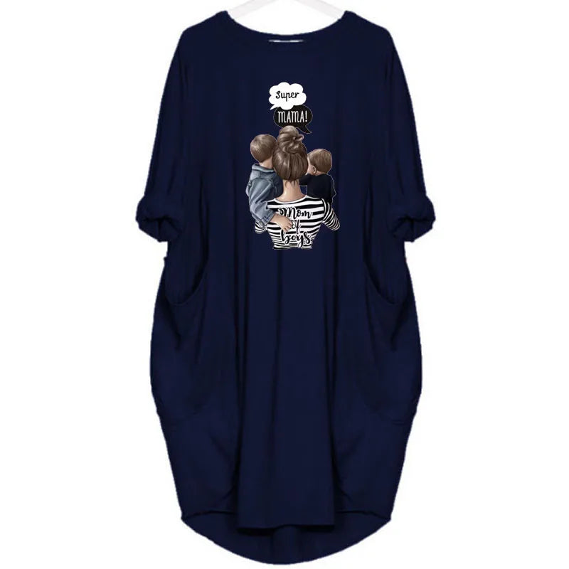Women's Loose  Long Sleeved Summer Plus Size Dress Autumn  Winter Casual Round Neck Solid Color Long Sleeve Pocket Loose Pullove Beauty World Shop