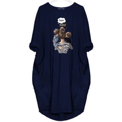 Women's Loose  Long Sleeved Summer Plus Size Dress Autumn  Winter Casual Round Neck Solid Color Long Sleeve Pocket Loose Pullove Beauty World Shop