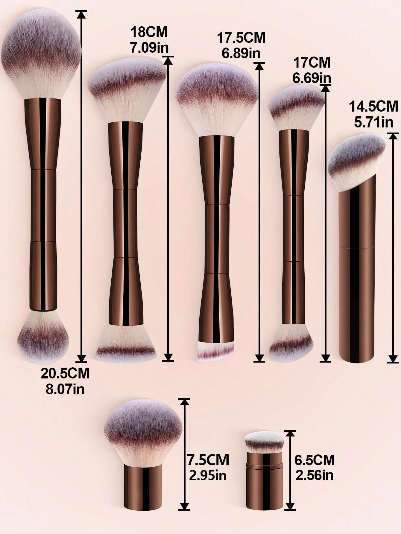 7pcs Professional Makeup Brush Set, Includes: 4pcs Dual-Ended Face Brushes, 1pc Angled Brush, 1pc Short Handle Foundation Brush, Beauty World Shop