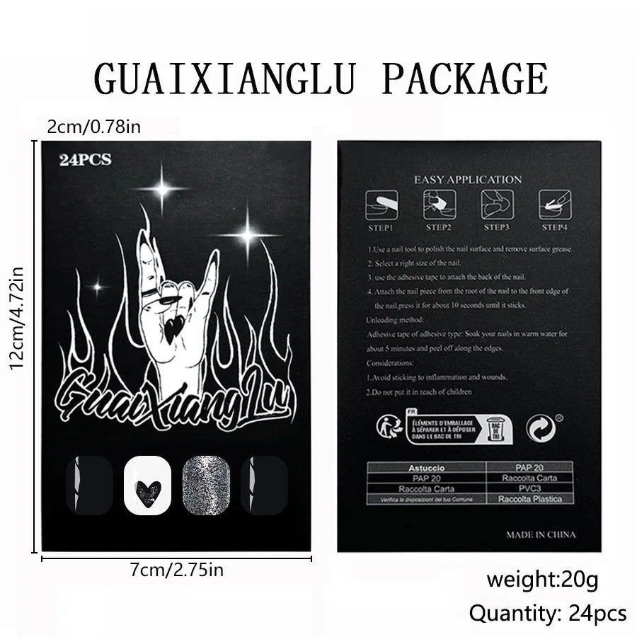 Short Square Glossy Press On Nails 24Pcs Sweet Black Heart Glitter Ins Style For Women Beauty World Shop