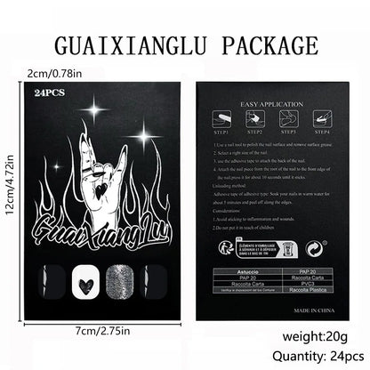 Short Square Glossy Press On Nails 24Pcs Sweet Black Heart Glitter Ins Style For Women Beauty World Shop