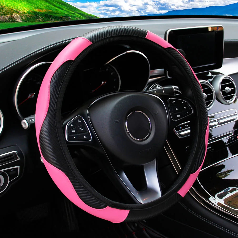 PU Carbon Fiber Leather Car Steering Wheel Cover without Inner Ring Suitable for 14.5-15 Inches of Automotive Supplies Beauty World Shop