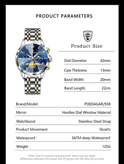 POEDAGAR Luxury Original Men Watch Waterproof Luminous Chronograph Man Wristwatch Stainless Steel Quartz Top Men's Watches Reloj Beauty World Shop