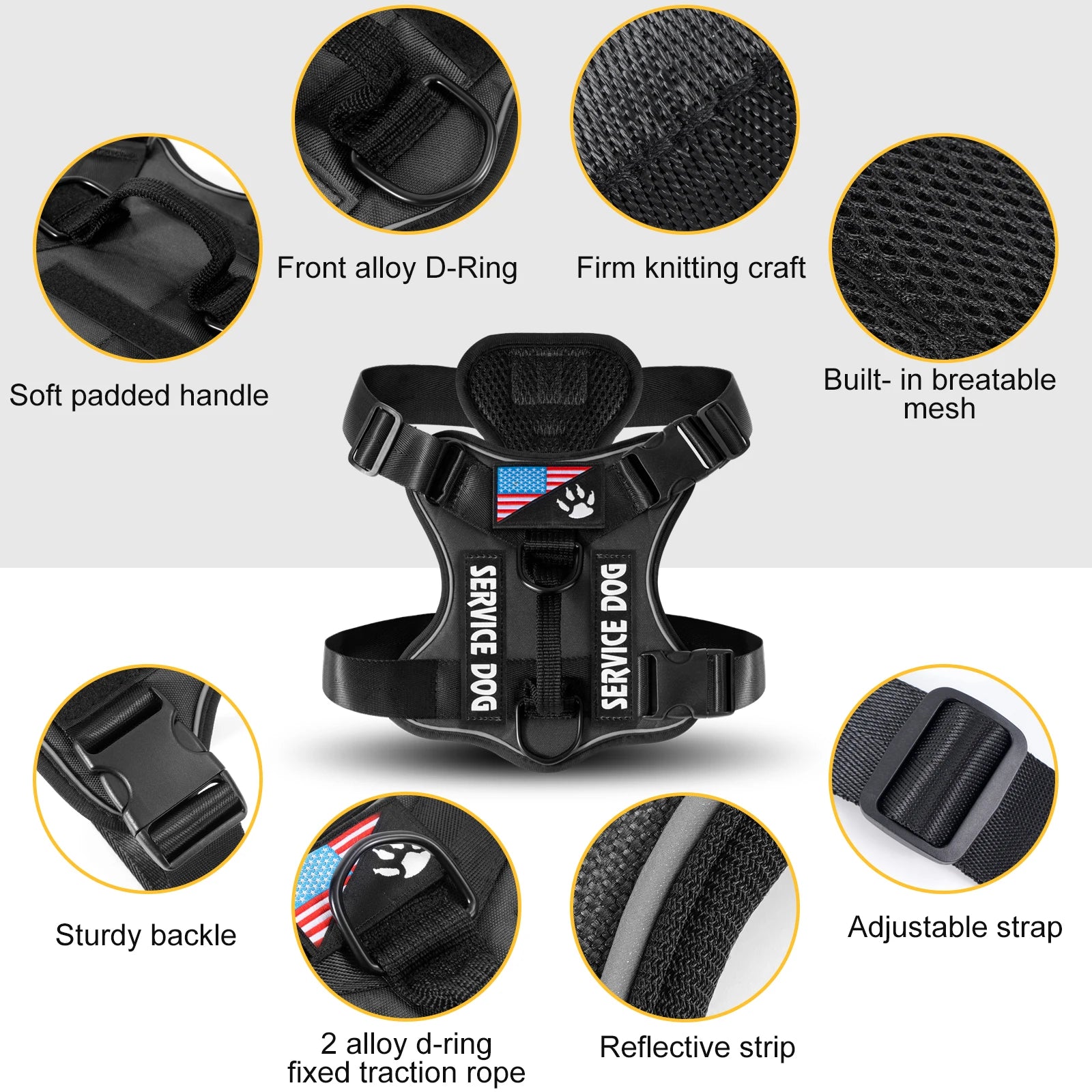 Service Dog Harness, Reflective Dog Vest Harness with 5 PCS Patches, Adjustable Soft Oxford Pet Harness, Inner Layer Mesh, Easy Beauty World Shop