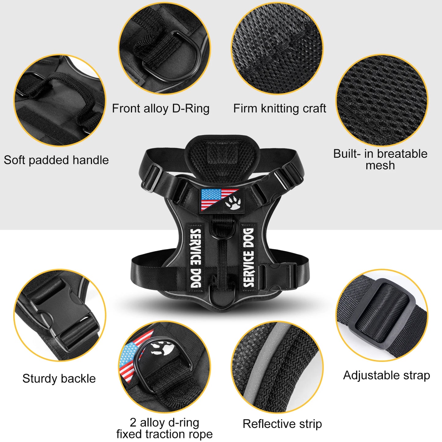 Service Dog Harness, Reflective Dog Vest Harness with 5 PCS Patches, Adjustable Soft Oxford Pet Harness, Inner Layer Mesh, Easy Beauty World Shop