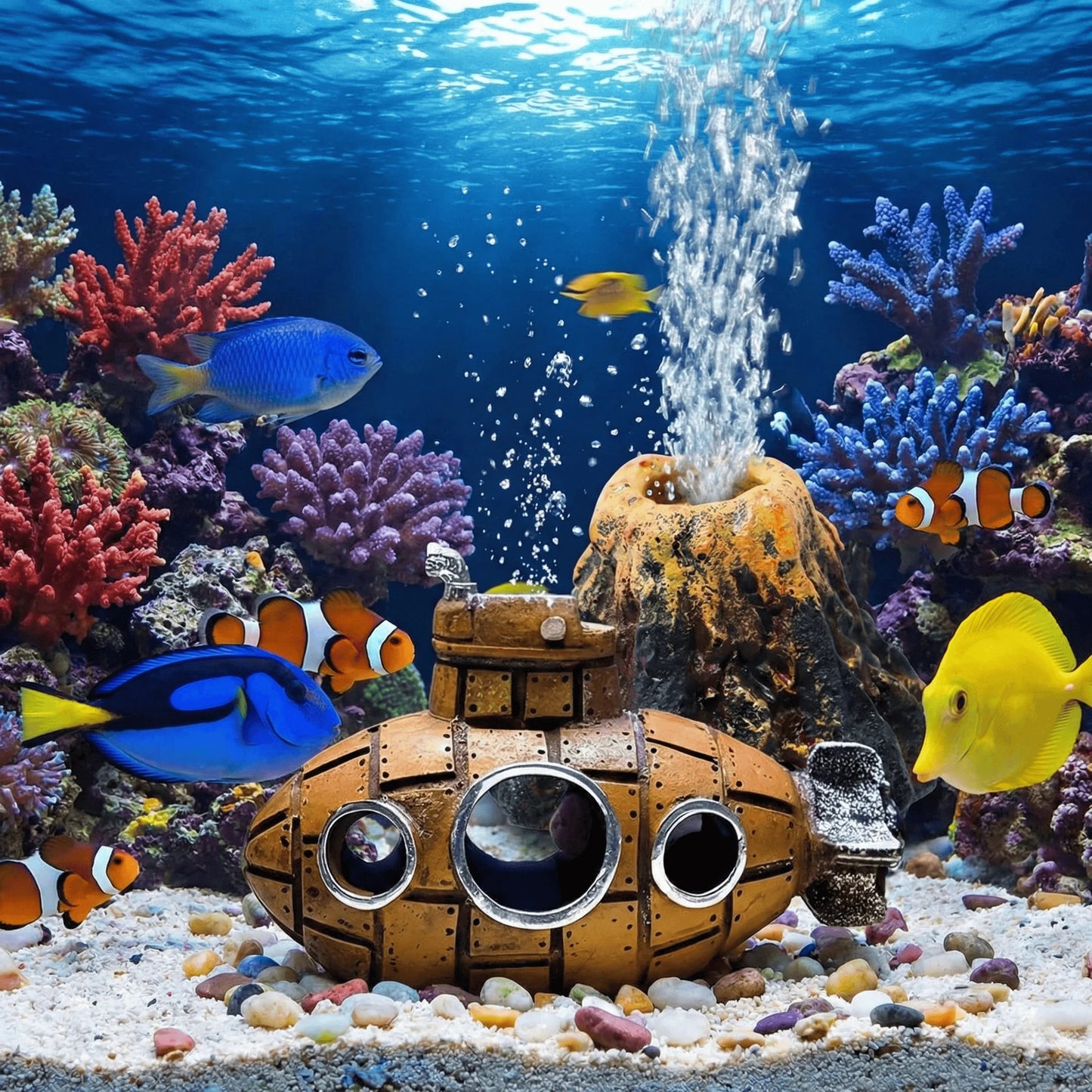 Aquarium Decoration Set Resin Submarine & Volcano Air Bubbler Fish Tank Ornaments Landscape Accessories for Betta Shrimp Decor Beauty World Shop