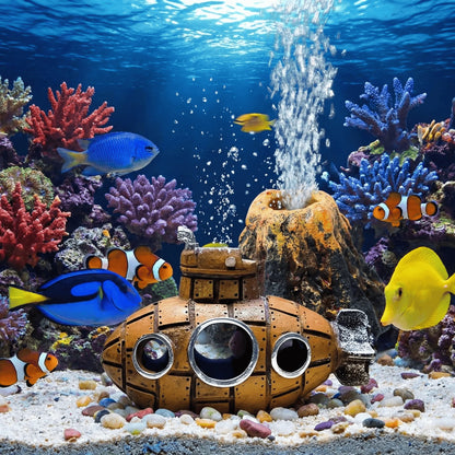 Aquarium Decoration Set Resin Submarine & Volcano Air Bubbler Fish Tank Ornaments Landscape Accessories for Betta Shrimp Decor Beauty World Shop