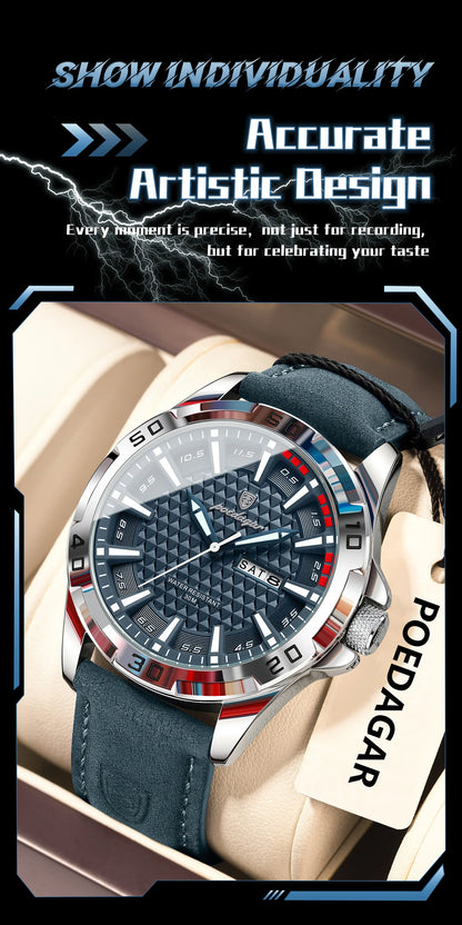 POEDAGAR Original Men Watch Luxury Waterproof Luminous Date Week Watch For Man Quartz Leather Fashion Men's Watches Reloj Hombre Beauty World Shop