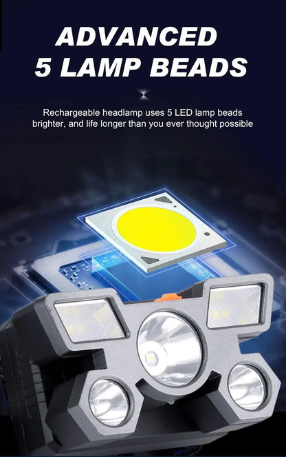 5LED Bright Headlamp Rechargeable Waterproof Adjustable 4Modes Lightweight for Outdoor Camping Running Hiking Beauty Fashion