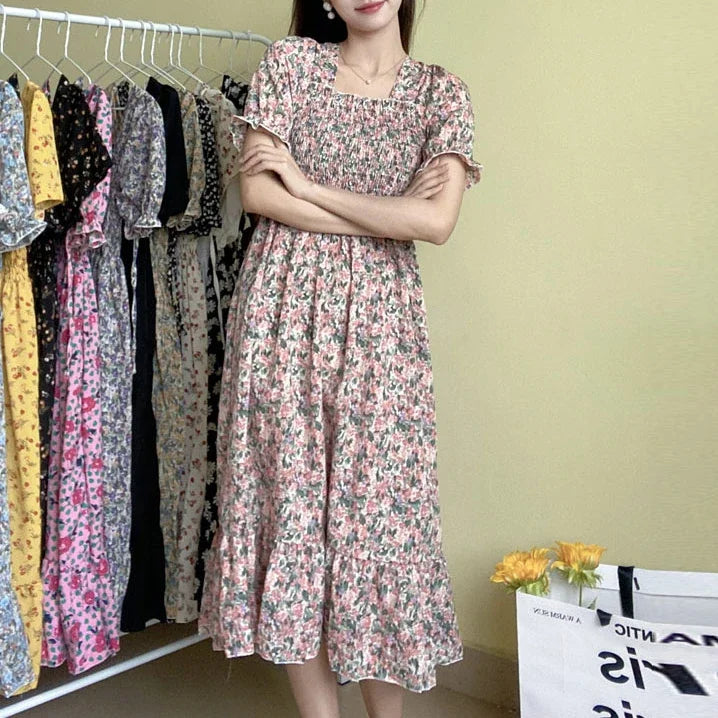Spring Summer Elastic Waist Chiffon Dress Women Casual Dresses Fashion Female  Vestidos Short Sleeve Pleated A-line Dresses Beauty World Shop