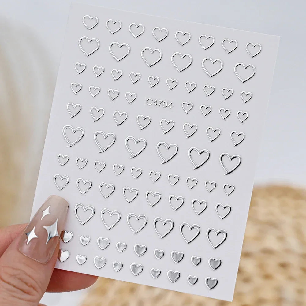 6 Sheets Metal Silver Nail Stickers Metallic 3D Star Nail Art Stickers Decals Self-Adhesive Nail Art Stickers Metal Chain Heart Beauty World Shop