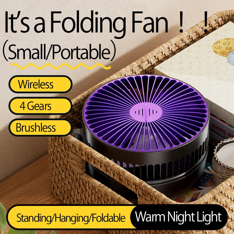 2024 New Rechargeable 3IN1 Multifunctional Portable Fan Wall Mounted Fan 90° Folding Fan 4 Gears With Warm Night Light Beauty World Shop