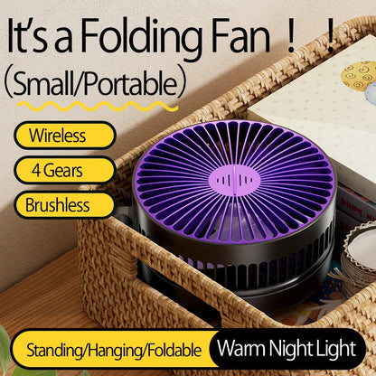 2024 New Rechargeable 3IN1 Multifunctional Portable Fan Wall Mounted Fan 90° Folding Fan 4 Gears With Warm Night Light Beauty World Shop
