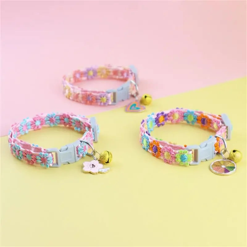 Fashion Rainbow Flower Cat Collar With Bell Kitten Puppy Necklace Adjustable Buckle Colorful Lace Kitten Collar Dog Accessories Beauty World Shop