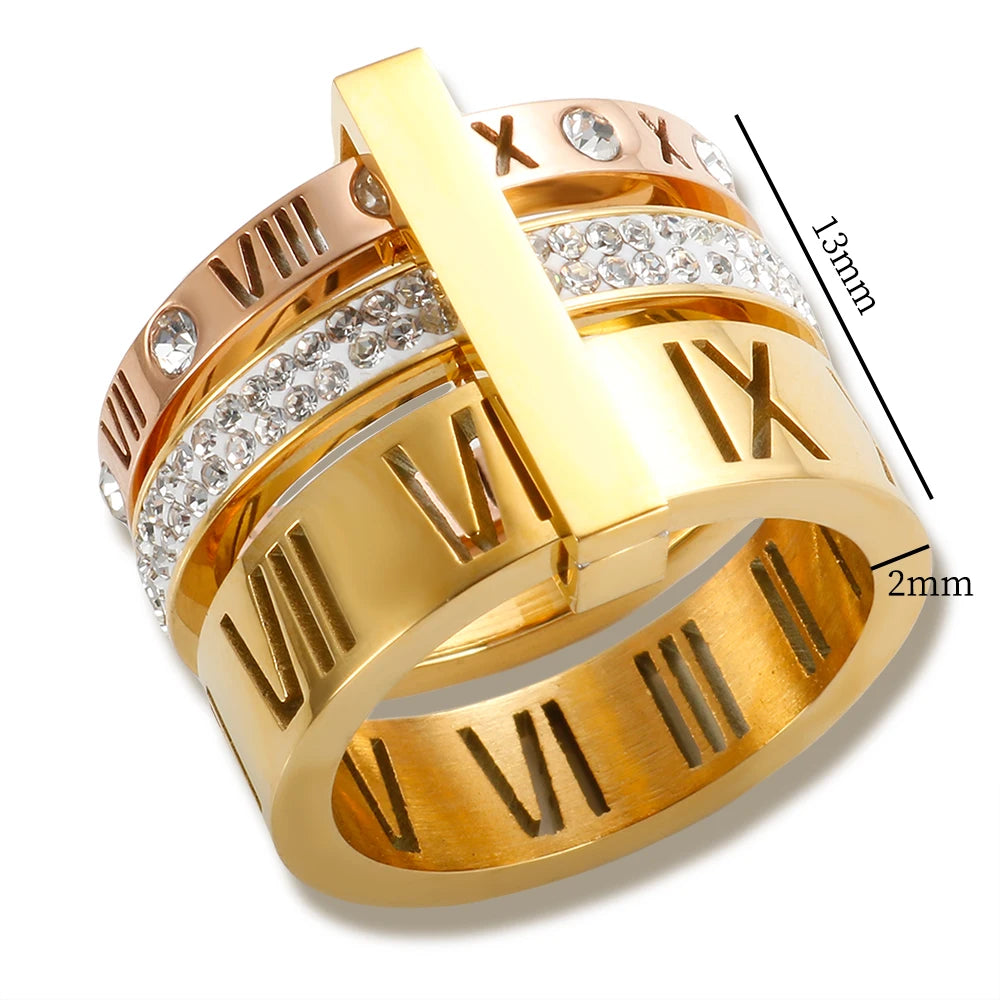 Three Layers Roman Numerals Ring for Women Luxury Stainless Steel Rotatable Crystal Finger Rings Female Wedding Trendy Jewelry Beauty World Shop