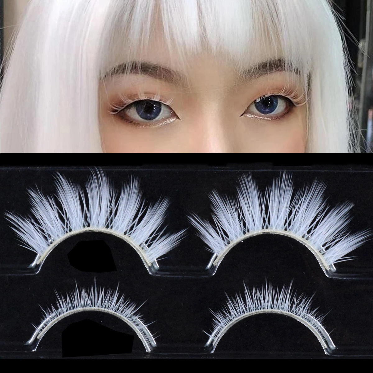2 Pairs/cas 3D White Eyelashes Clear Band Snow Color Eye Lashes Cosplay Halloween Manga Lashes Makeup Up and Lower Bottom Lashes Beauty World Shop