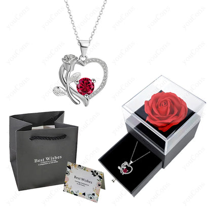 Luxury Red Zircon Pendant Necklaces With Rose Flower Gift Box For Girlfriend Women I Love You Gifts 2024 Trendy Wedding Jewelry Beauty World Shop
