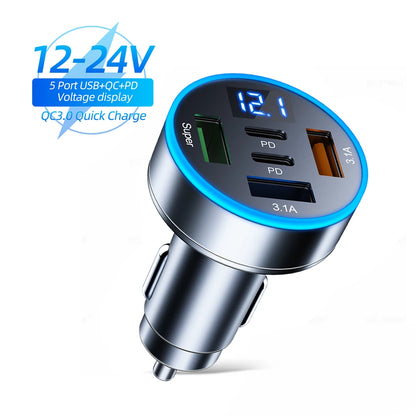 250W 5 Ports Car Charger Fast Charging PD QC3.0 USB C Car Phone Charger Adapter With Voltage For iPhone Samsung Huawei Xiaomi Beauty World Shop