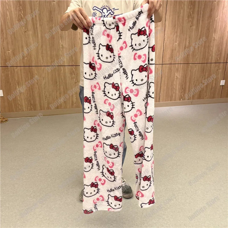 2024 Sanrio Hello Kitty Pajamas Halloween Flannel Fashion Trouserswomen Kawaii Woolen Anime Cartoon Casual Home Pants Autumn Beauty Fashion