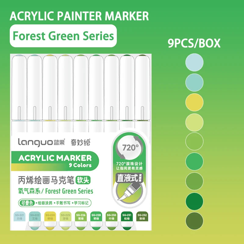 Languo 9pcs/box Soft Brush Acrylic Marker Pen Set，DIY Hand Drawn,Paint Art Markers pens,Student Graffiti Acrylic Paint Pens,M720 Beauty World Shop