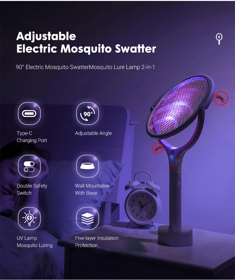 5 In 1 Fast Charging Racket Kill Fly Bug Safety Insulated Battery Powered Lamp ABS Adjustable Electric Mosquito Swatter Beauty World Shop