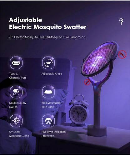 5 In 1 Fast Charging Racket Kill Fly Bug Safety Insulated Battery Powered Lamp ABS Adjustable Electric Mosquito Swatter Beauty World Shop