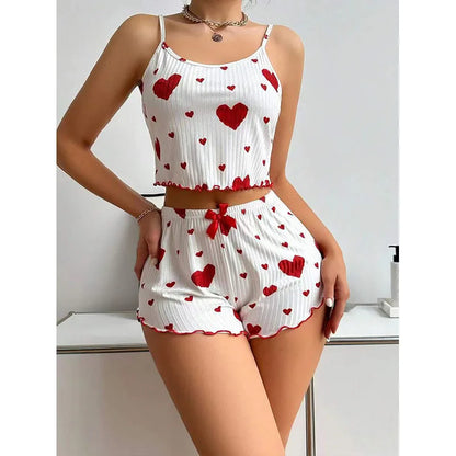 Women's Pajamas Set Sleepwear 2 PCS Short Tank Tops And Shorts S M L White Ventilate Soft Casual Love Printing Beauty World Shop