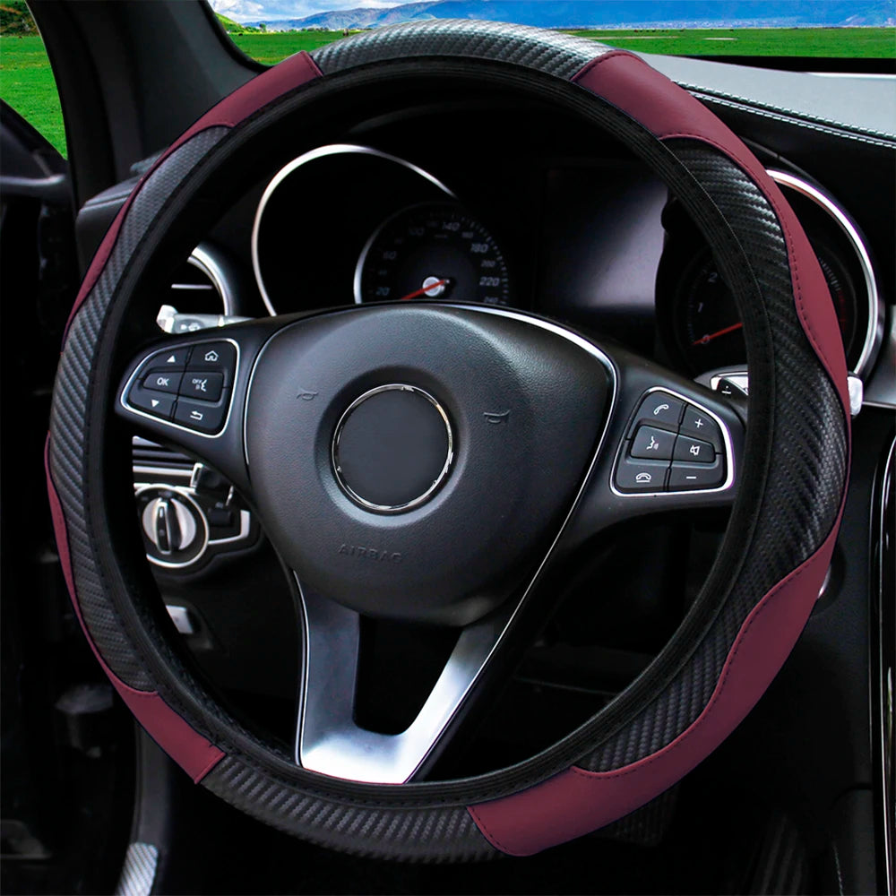 PU Carbon Fiber Leather Car Steering Wheel Cover without Inner Ring Suitable for 14.5-15 Inches of Automotive Supplies Beauty World Shop