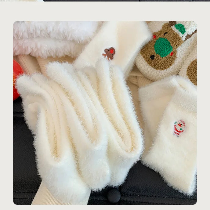 Autumn And Winter Socks, White Mink Fur Christmas Socks, Snowman Santa Claus Christmas Tree Elements, Thickened Warm Socks Beauty World Shop