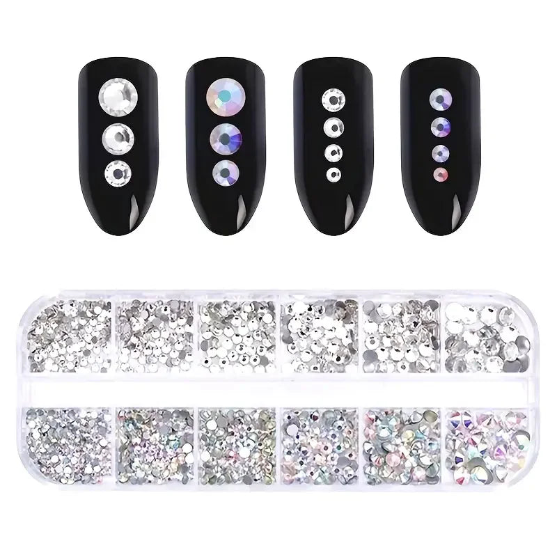 Boxed 3D Flat Back Nail Rhinestones Nail Gems Glass AB & Clear Crystal Rhinestones Kit Nail Art Charms DIY Manicure Accessories Beauty World Shop