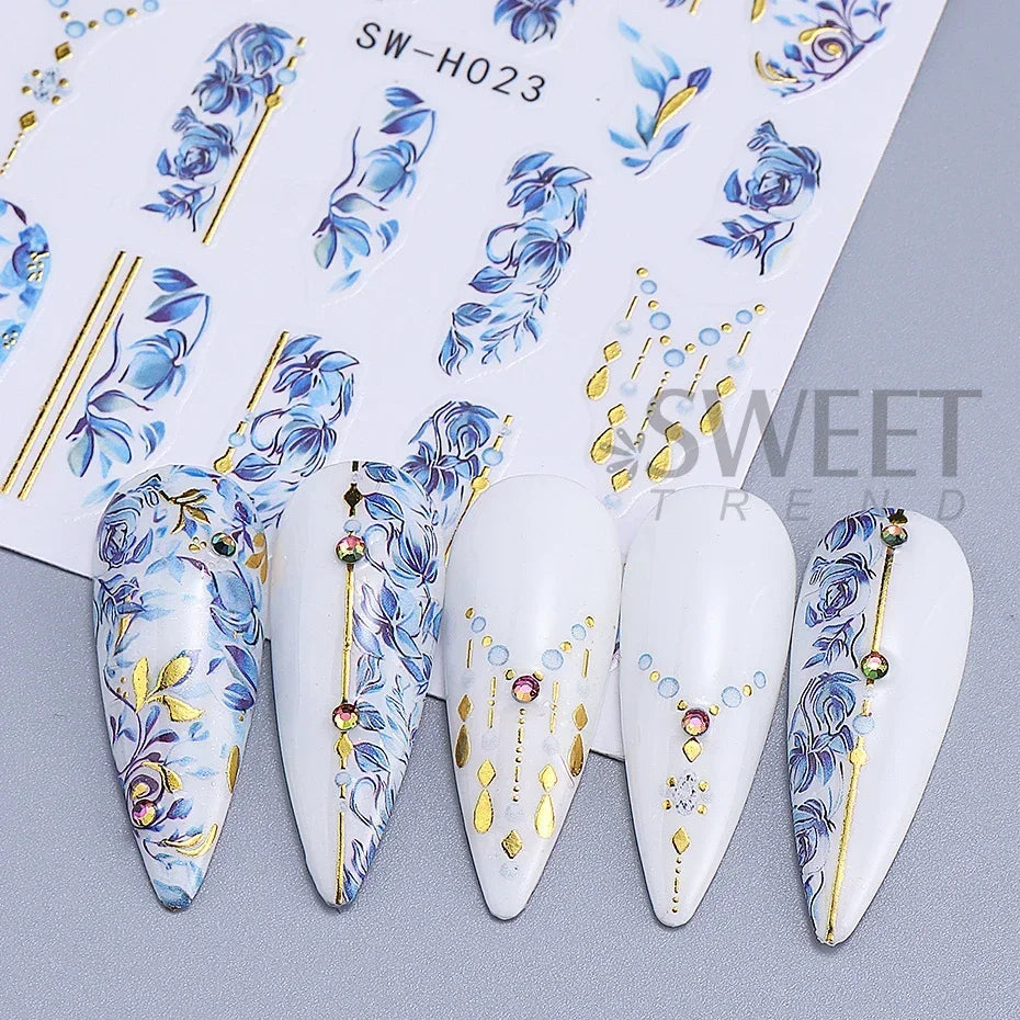 5pcs Metallic Gold Line Flower Nail Stickers 3D Bronzing Border Petals Sakura Leaf Nail Decals Slider DIY Elegant Manicure Decor Beauty World Shop