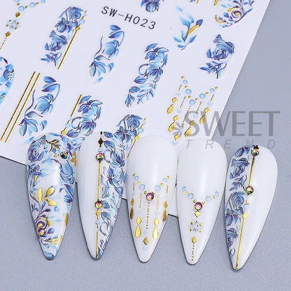 5pcs Metallic Gold Line Flower Nail Stickers 3D Bronzing Border Petals Sakura Leaf Nail Decals Slider DIY Elegant Manicure Decor Beauty World Shop