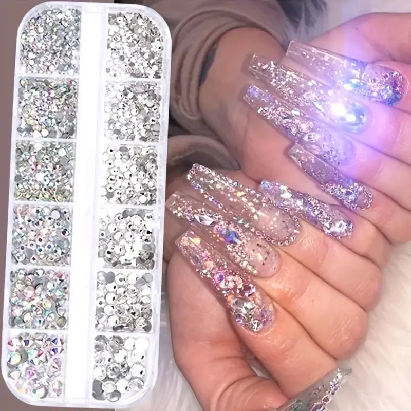 Boxed 3D Flat Back Nail Rhinestones Nail Gems Glass AB & Clear Crystal Rhinestones Kit Nail Art Charms DIY Manicure Accessories Beauty World Shop