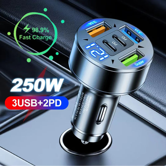 250W 5 Ports Car Charger Fast Charging PD QC3.0 USB C Car Phone Charger Adapter With Voltage For iPhone Samsung Huawei Xiaomi Beauty World Shop