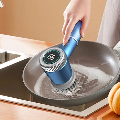 Electric Cleaning Brush LED Display with 5 Replaceable Brush Heads 3-speed Adjustable Cleaning Tool For Kitchen Bathroom