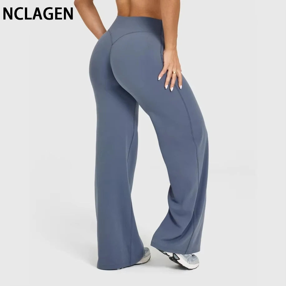 NCLAGEN SoftMotion Straight Leg Bottoms Women's Mid-Waist Yoga Pants GYM Leggings Naked Feel Pilates Running Sports Trousers Beauty World Shop