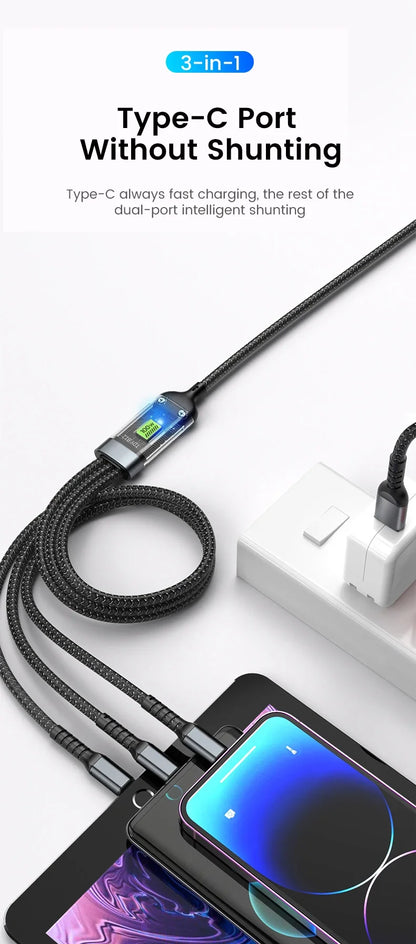 3-in-1 USB 100W 6A Fast Charger Cable Car USB To Type-C Micro LIGHTNING Cable For iPhone 16 15 14 13 Samsung Xiaomi Huawei Beauty World Shop
