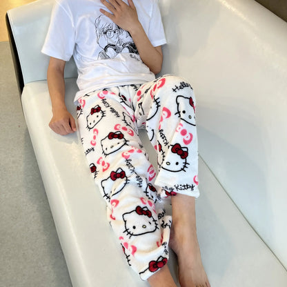 2024 Sanrio Hello Kitty Pajamas Halloween Flannel Fashion Trouserswomen Kawaii Woolen Anime Cartoon Casual Home Pants Autumn Beauty Fashion
