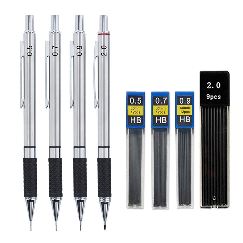Metal Mechanical Pencil Set with Pencil Grip Leads Art Drawing Student Office Supplies 0.5/0.7/0.9/2.0mm Automatic Pencil Beauty World Shop