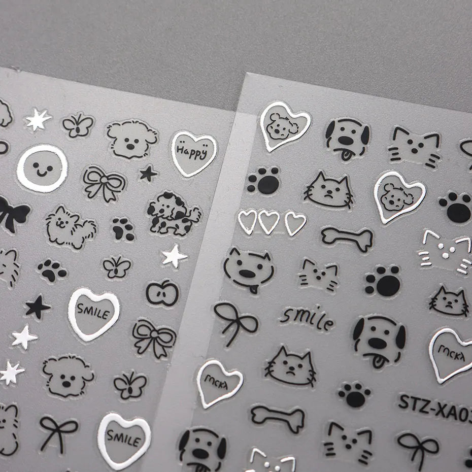 2pcs 3D Cute Silver Smile Dog Decals Y2K Cartoon Cat Footprint Nail Stickers Graffiti Star Heart Bowknot Manicure Slider Decor Beauty World Shop