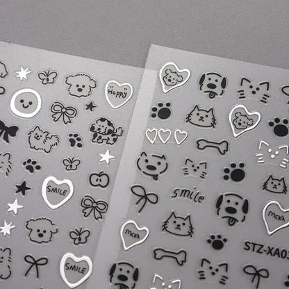 2pcs 3D Cute Silver Smile Dog Decals Y2K Cartoon Cat Footprint Nail Stickers Graffiti Star Heart Bowknot Manicure Slider Decor Beauty World Shop