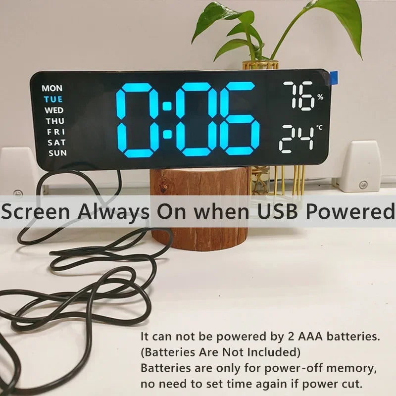9 Inch Large Digital Wall Clock USB Powered TEMP Humidity Week Auto Dimmer DST Table Clock 12/24H Electronic LED Alarm Clock Beauty World Shop