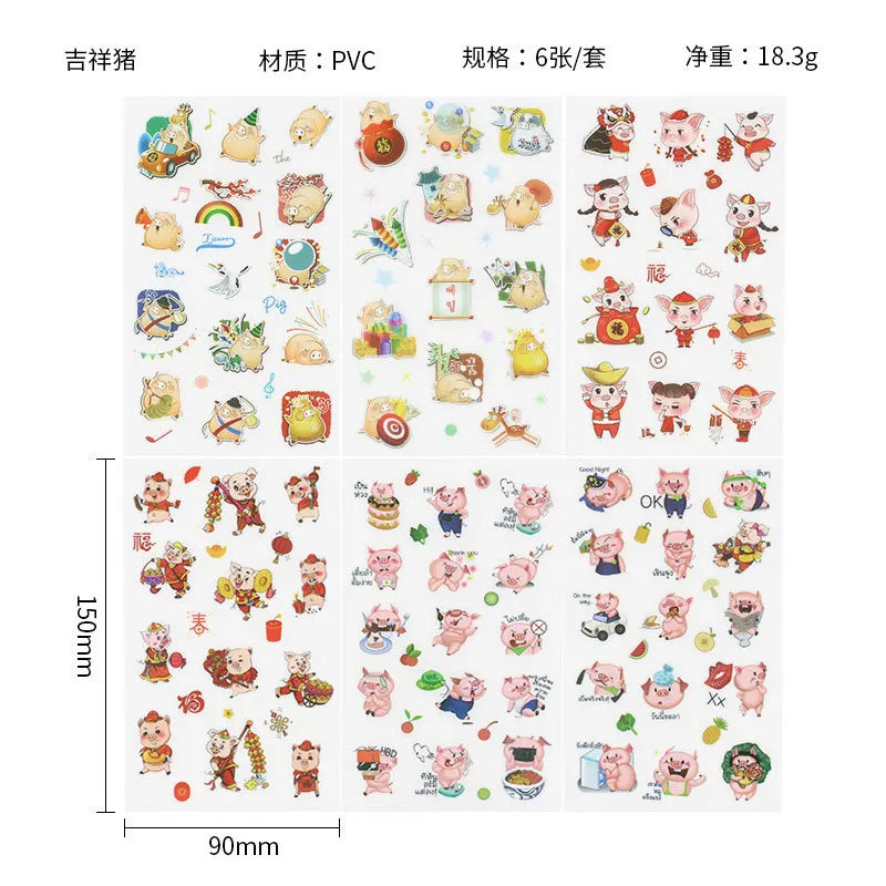 6Pieces/Set Transparent Pvc Waterproof Cartoon Sticker DIY Hand Account Decorative Stickers Kawaii Phone Cup Stickers Beauty World Shop