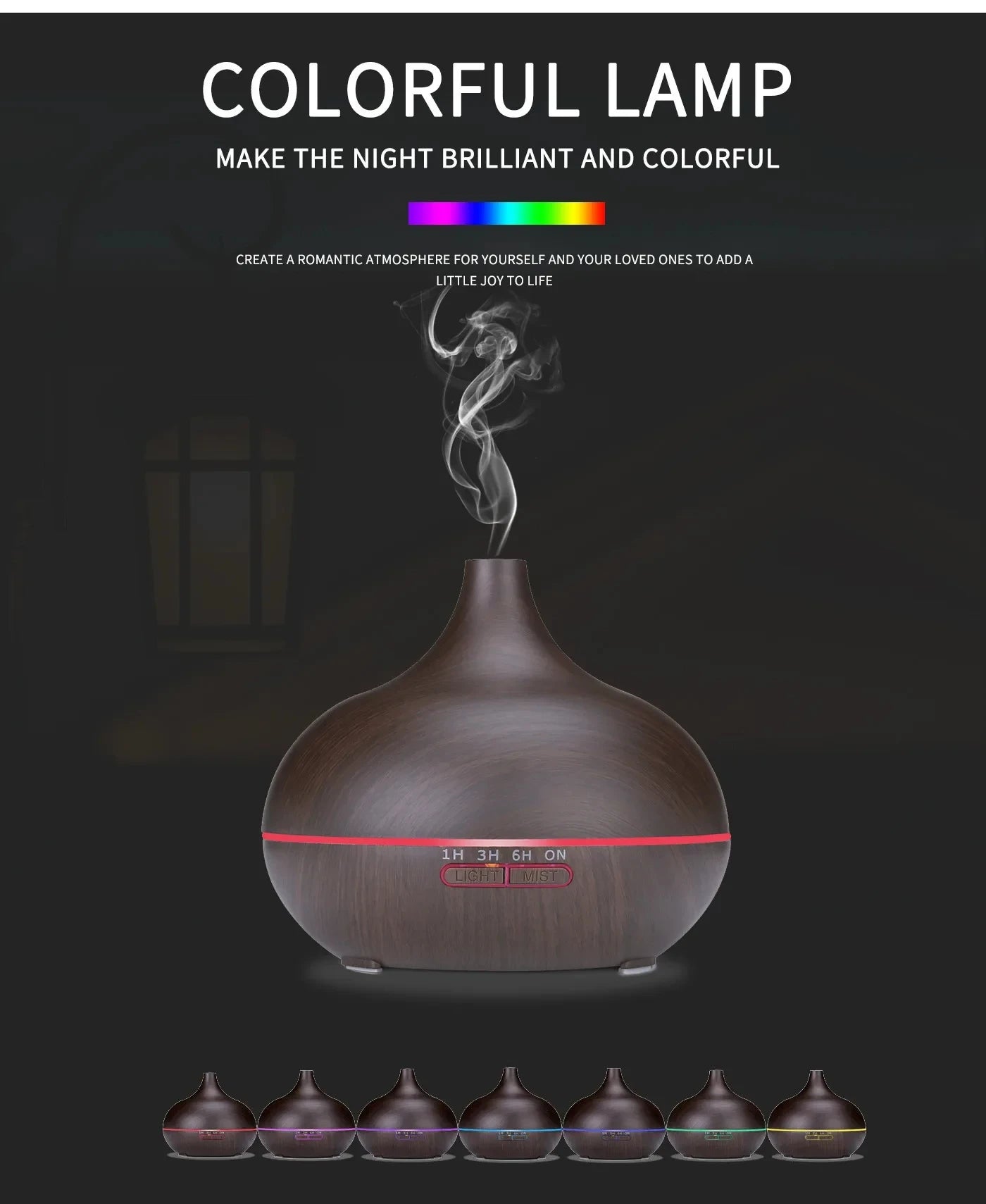 Air Humidifier Aromatherapy Essential Oil Diffuser Wood Grain 500ml Ultrasonic Remote Control 7 Color Lights For Home Bedroom ﻿ Beauty World Shop