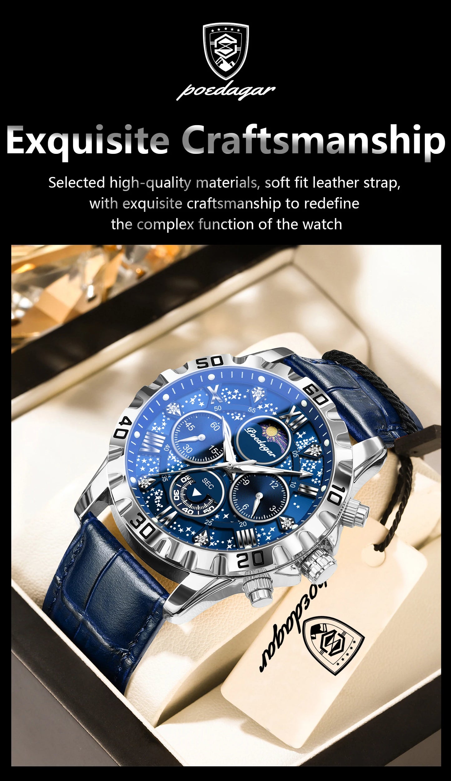 POEDAGAR Top Functional Luxury Man Wristwatch Waterproof Luminous Chronograph Leather Sports Watches For Men Quartz Men's Watch Beauty World Shop