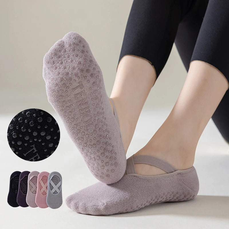 Women Breathable Towel Bottom Yoga Socks Silicone Non-Slip Bandage Pilates Sock Ladies Ballet Dance Fitness Workout Cotton Socks Beauty World Shop