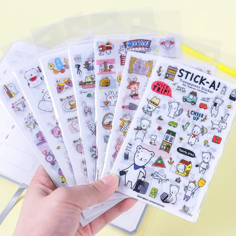 6Pieces/Set Transparent Pvc Waterproof Cartoon Sticker DIY Hand Account Decorative Stickers Kawaii Phone Cup Stickers Beauty World Shop