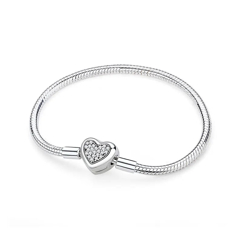 Original 925 Sterling Silver Bracelets Bangles Love Heart Clip Charms Beads Snake Chains For Women Rose Gold DIY Luxury Jewelry Beauty World Shop