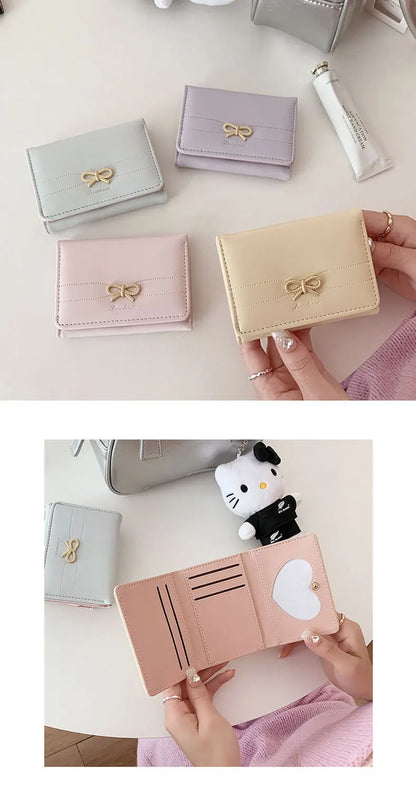 Fashion Wallets Girls Cute Bow Small Wallet Aesthetic Card Holder Classic Three Fold Purse For Women Student Simple Coin Pouch Beauty World Shop